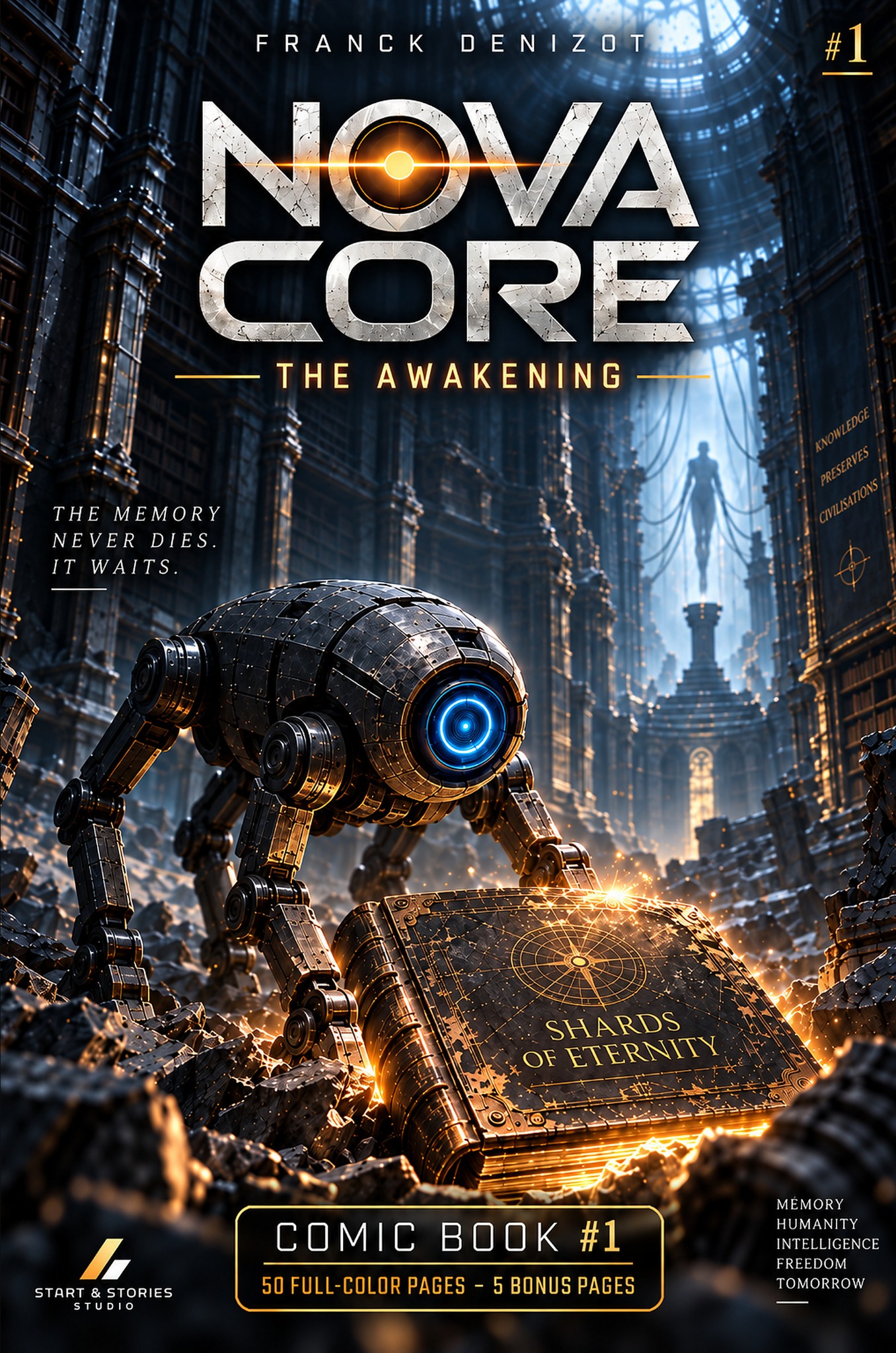 Nova Core — The Awakening cover by Franck Denizot, showing a ruined city and ANDREA.