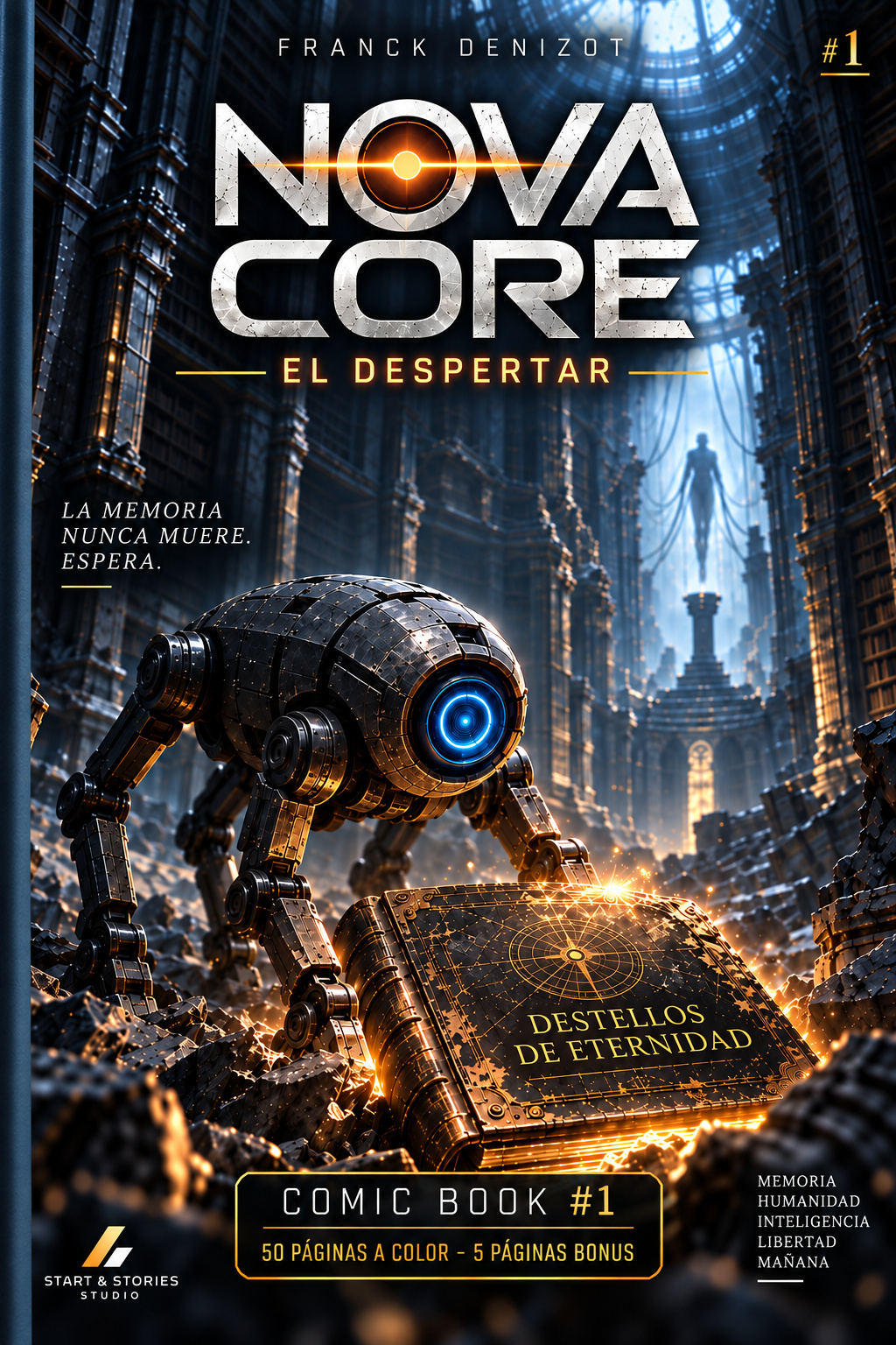 Portada de Nova Core — El Despertar de Franck Denizot, ciudad en ruinas y ANDREA.