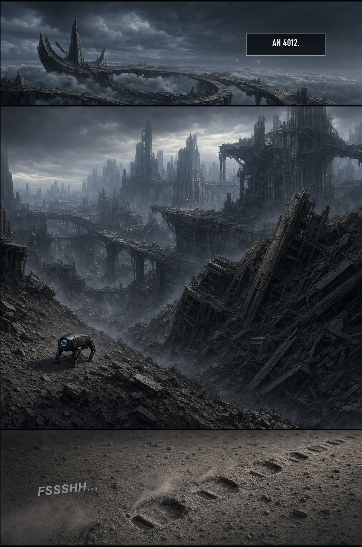 Planche P01 de Nova Core : ville monumentale en ruines en l’an 4012 et ANDREA progressant dans les décombres.