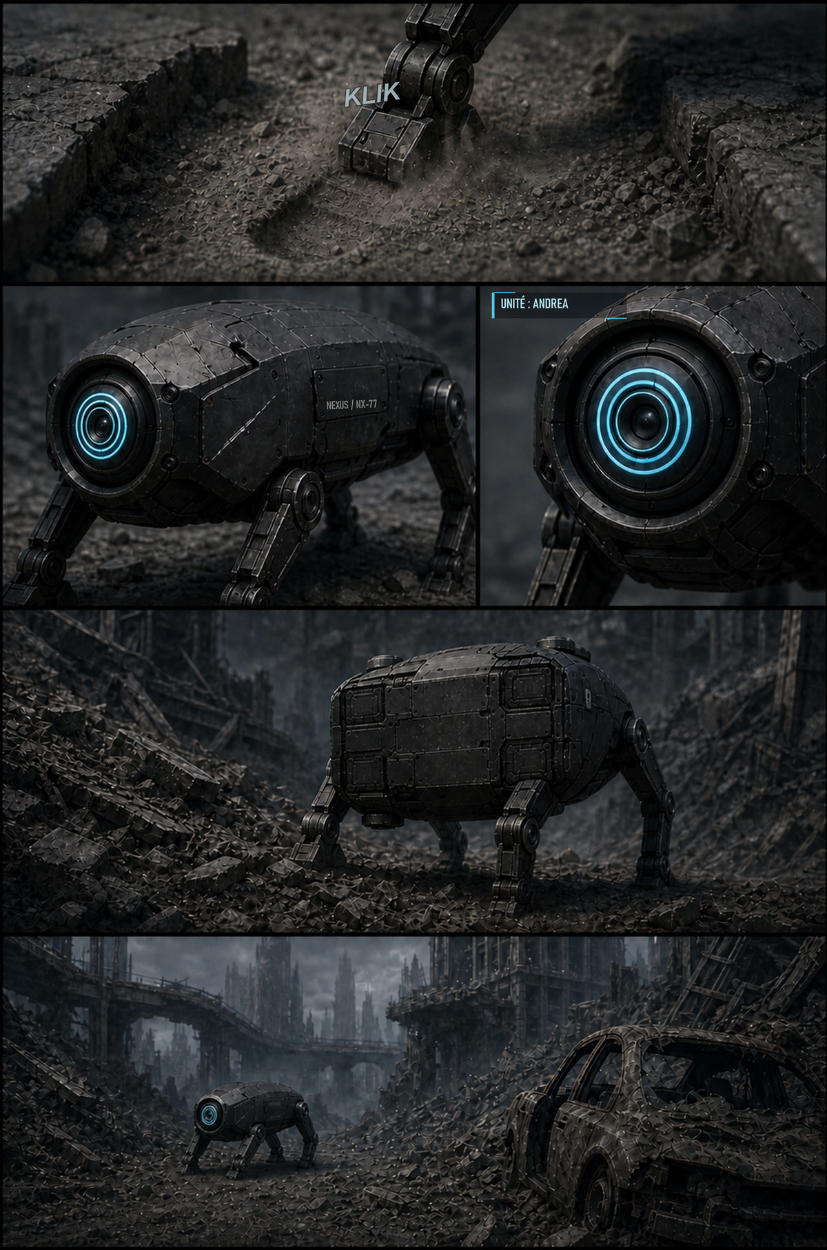 Planche P02 de Nova Core : détails de la coque graphite, des quatre pattes articulées et du capteur cyan d’ANDREA.
